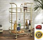 Bar Cart Gold and Glass Metal Rolling 2 Shelf Beer Wine Alcohol Serving Stand