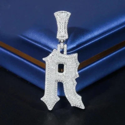 2.30 Ct Round Cut Moissanite Custom Letter R Men's Pendant 14K White Gold Plated - Image 1 of 4