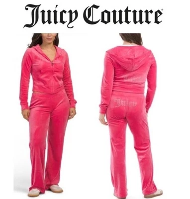 Nuevo Juicy Couture OG Bling Terciopelo Conjunto de Traje de Chándal Talla L Rosa Sandía Pantalón con Capucha Foto 1 de 4