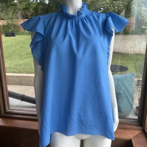 Kate Spade Size XL Heather Blue Flutter Ruffle Cap Sleeve Collar Shirt Blouse - Picture 1 of 11