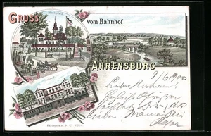 Lithographie Ahrensburg, Bahnhof, Marktplatz, Panorama 1900 - Picture 1 of 2