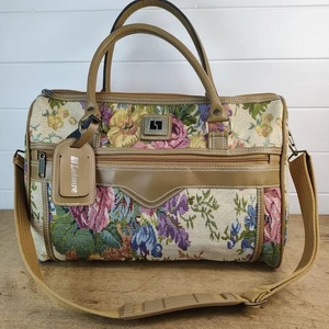 VTG 80s Leisure Luggage Tapestry Beige Floral Carry On Bag Faux Leather Tan Trim - Picture 1 of 12