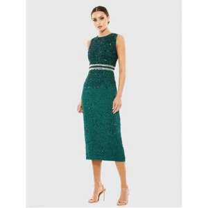 Vestido Vaina Mac Duggal Midi Sin Mangas Cuello Alto Cuentas Lentejuelas Verde Talla 2 - Imagen 1 de 15