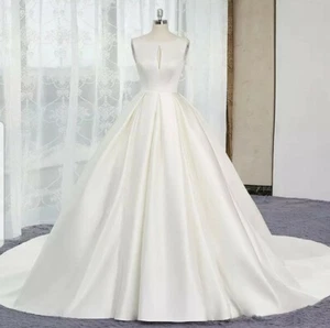 UK Sleeveless White/ivory Bridal Satin Simple A Line Wedding Dresses Size 6-18 - Picture 1 of 4