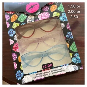 NIP Betsey Johnson Kitsch 3 Pair Reading Glasses Readers Cat Eye Cateye 2.00 - Picture 1 of 5