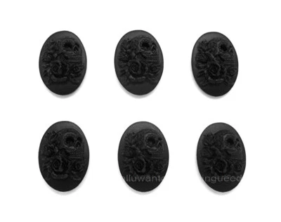 6 Goth Punk Zombie BLACK on BLACK SKULL w/ ROSES and TATTOOS 25mm x 18mm CAMEOS - Изображение 1 из 4