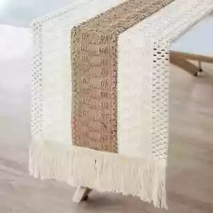 Corredor de mesa de arpillera de empalme estilo granja, corredor de mesa boho moderno granja - Imagen 1 de 13