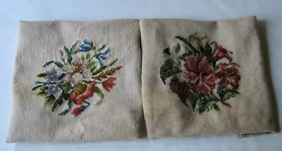 Pair Antique Vintage Wool Needlepoint Flowers Chair Seat Cushion Covers Canvases - Image 1 of 4