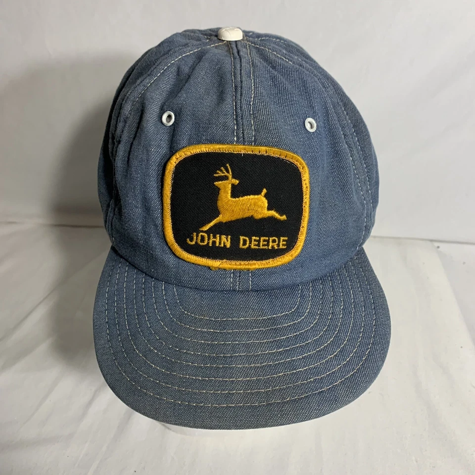 Chapéu caminhoneiro vintage John Deere denim encaixe traseiro preto amarelo patch - Imagem 1 de 4