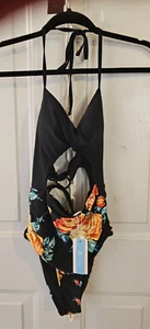Maillot de bain femme une pièce noir fleuri neuf avec étiquettes taille XS - js1955 - Photo 1 sur 5
