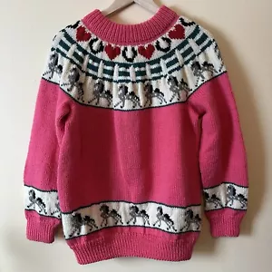 Vintage Pink Women’s Handmade Horse Pony Sweater 80s 90s Cottagecore - Picture 1 of 3