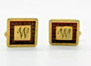 Vintage SWANK FAUX RUBY RED GEMS & GOLD TONED CUFFLINKS PERSONALIZED "W" - Picture 1 of 3