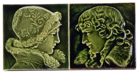 Pair Antique Isaac Broome Made by J & W Wade High Relief Portrait Tiles c1895 Cover