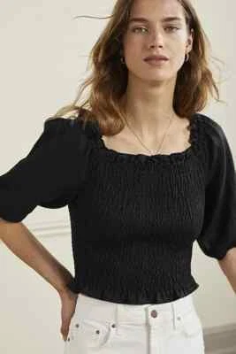 Boden Size 18 Carrie Smocked Linen Peasant Top: Black in Pure Linen -TO969-ur10 - Image 1 of 4