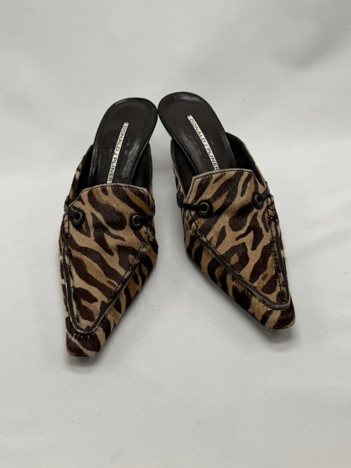 RARO DONALD PLINER Estampado Animal Becerro Poni Pelo Slide Mula Gatito Tacones Talla 6.5 Foto 1 de 4