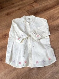 Talbots women’s button down linen top white LARGE embroidered cottagecore floral - Picture 1 of 16