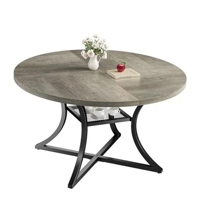  47.2" Round Dining Table for 4, Wood Kitchen Table with Storage Shelf for Grey - Image 1 of 4