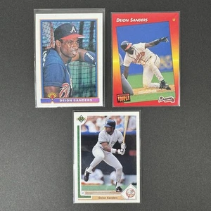 Lot of 3 Deion Sanders Baseball Cards New York Yankees 1991-92 UD, Bowman, Leaf - Picture 1 of 7