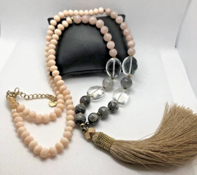 Nakamol Rose Quartz Gray Jasper Grey Tassel Anthropologie Necklace Crystal - Image 1 of 4