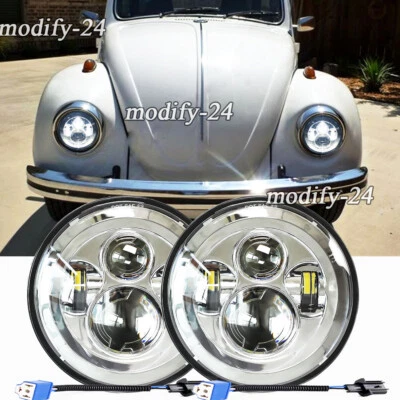 Pair 7" Chrome Projector Round LED Headlights Hi/Lo Beam fit VW Beetle 1950-1979 - Image 1 of 4