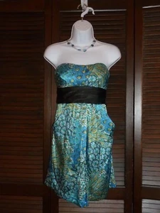SPEECHLESS Strapless Satin Short Dress Black Sash Peacock Blue Floral Paisley, 3 - Imagen 1 de 12