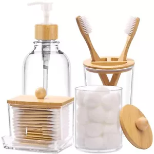 Tmax Bamboo Bathroom Accessories Set 4 Pcs Clear Toothbrush Holder Plastic Soap - Picture 1 of 8