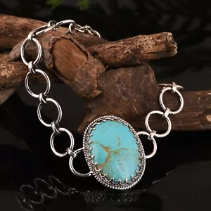 Kingman Turquoise Handmade Silver Chain Bracelet Circle Links Bracelet Statement - Picture 1 of 12