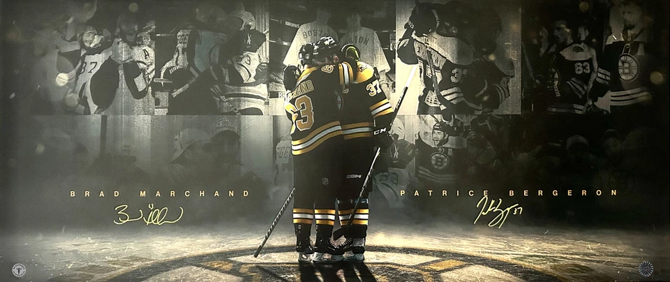 Foto panorámica firmada por Brad Marchand Patrice Bergeron Boston Bruins 15"x35" certificado de autenticidad Foto 1 de 1