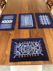 Set of Four Vintage Indigo Hand-dyed Cotton Placemats + Two Small Table Runners - Picture 1 of 8