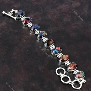 Natural Ammolite Gemstone Chain Adjustable Bracelet 925 Silver For Women - Picture 1 of 6