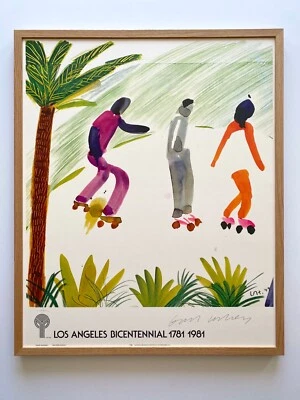 PÓSTER ENMARCADO IMPRESIÓN LITOGRÁFICA FIRMADA POR DAVID HOCKNEY RARO 1980 "PATINADORES-VENECIA" 1979 Foto 1 de 4