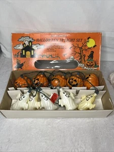 Vtg Halloween Blow Mold Pumpkin Light Set of 10 Jack O Lantern Ghost String Box - Picture 1 of 8