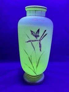 Uranium Glass Opaline Victorian Hand Painted Vase Floral & Butterfly Art Vintage - Picture 1 of 21