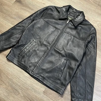 Eddie Bauer Mens Size M Heavyweight Zip Up Leather Jacket Collared Pockets Used - Image 1 of 4