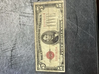 Moeda de selo vermelho nota de US$ 5 dos Estados Unidos de 1928 - Imagem 1 de 2