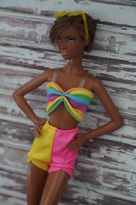 BARBIE BEACH FASHIONS Color Block Striped 2 Piece Swimsuit & Star Shades - Picture 1 of 4