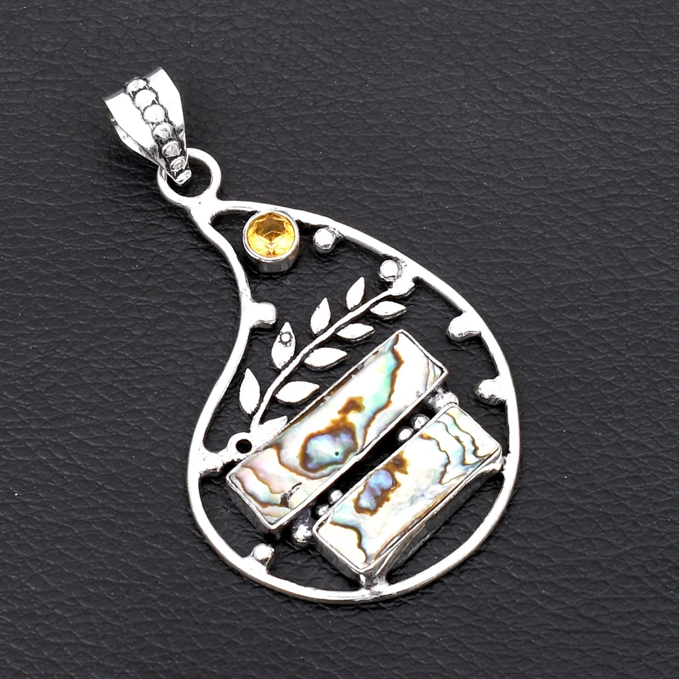 Abalone Shell Citrine Gemstone Handmade Leaf Pendant Jewelry Gift 2.48" AP-40966 - Image 1 of 1