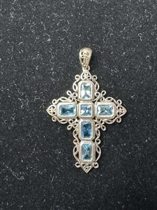 Sterling Silver 925 Marked Blue Topaz Cross Pendant - Picture 1 of 13