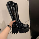 Womens Chic Patent Round Toe Platform Chunky Heel Zipper Knight Boots Shoes SUNS