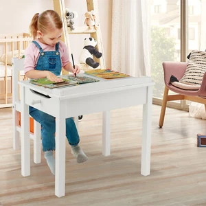 Wood Activity Study Desk Kids Table and Chair Set w/ Storage Drawer Hook White - Picture 1 of 8