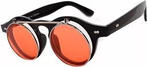 Occhiali da sole Flip Up C4 gotici retrò cerchio tondo plastica montatura nera lenti rosse - Foto 1 di 4