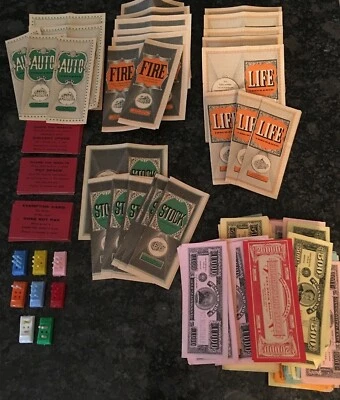 Vintage Game of Life Pieces Money Cars Pegs Cards Insurance Fire Stock Auto - Image 1 of 4