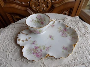 Antique Limoges Theodore Haviland Tea Cup & Biscuit Tray with pink roses - Picture 1 of 11