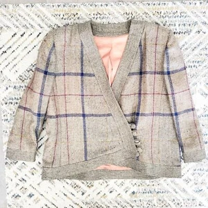 Vintage Woll Tweed Wickel Blazer Damen Cropped Karo Mantel British 70er 80er Gr. 18 - Bild 1 von 12