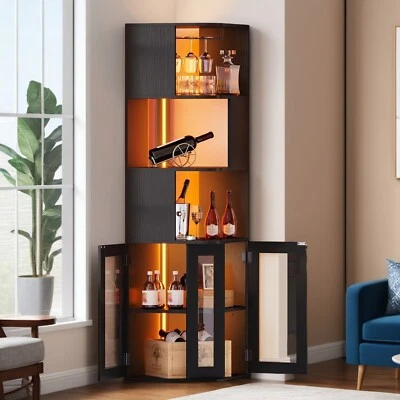 63" Corner Cabinet Doors Wine Liquor Racks Glass Holder Storage Home Bar Pubs - Image 1 of 4