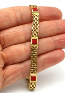 14K Gelbgold italienischer roter Stein Station 7 1/2" Stapelarmband 9,2 Gramm - Bild 1 von 9