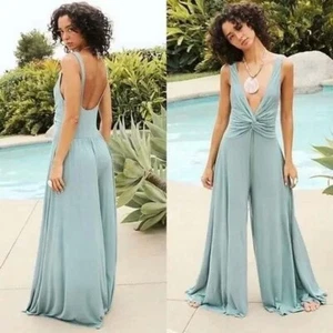 Mono Free People Beach Harlow Tejido Pequeño Verde Profundo Cuello en V Pierna Ancha Boho - Imagen 1 de 14