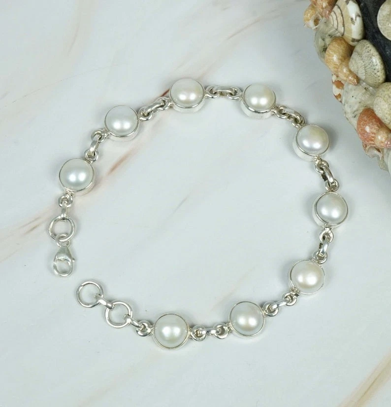 Mother Of Pearl Gemstone Handmade 925 Sterling Silver Jewelry Bracelet Size-7-8" - Image 1 of 4