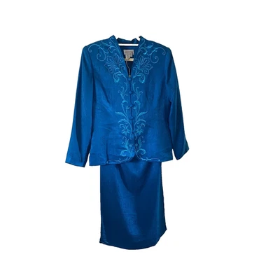 ADRIANNA PAPELL Skirt Suit Size 12 Teal Blue 100% SILK NEW Vintage Embroidered - Image 1 of 4