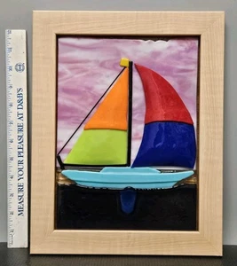 Fused 3D Glass Nautical Sail Boat Framed 10" X 13" ‐ Alan Coyle "Colorful Sails" - Picture 1 of 16